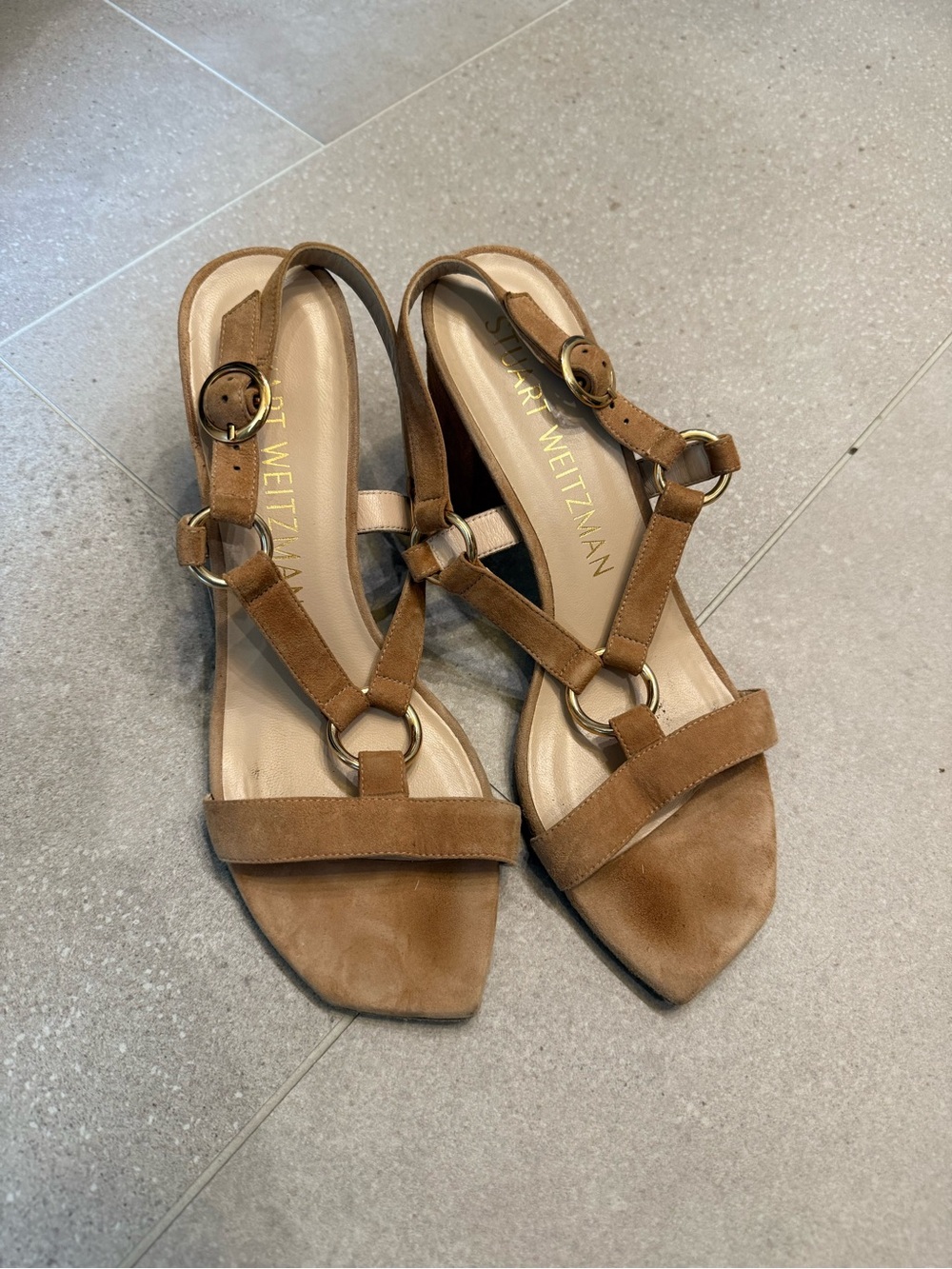 Stuart Weitzman Women’s Tan Suede T-Strap Sandals